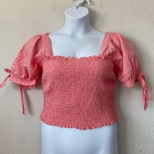 Lily Star Smocked Crop Top XL Pink Women Cottagecore Swiss Dot Puff Sleeve